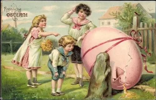 Ak Glückwunsch Ostern, Kinder mit großem Osterei