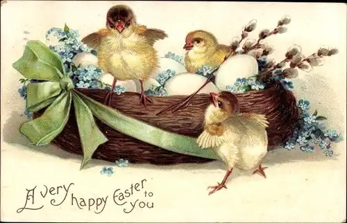 Präge Ak Glückwunsch Ostern, Küken, Ostereier, Weidenkätzchen