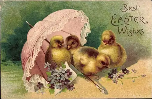 Präge Ak Glückwunsch Ostern, Küken, Sonnenschirm, Blumen