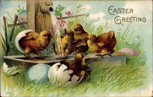 Präge Litho Glückwunsch Ostern, Küken an einem Brunnen, Ostereier