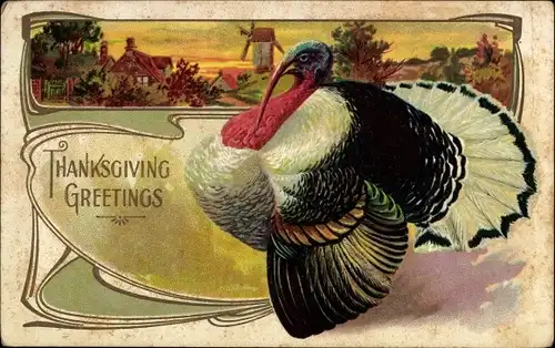 Litho Thanksgiving, Truthahn, Landschaft mit Windmühle