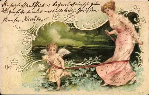 Präge Ak Engel und Frau im rosa Kleid, Vergissmeinnicht