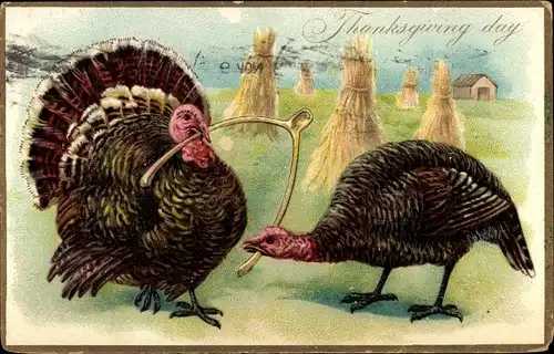 Präge Litho Thanksgiving, Truthahn und Pute mit Wunschknochen