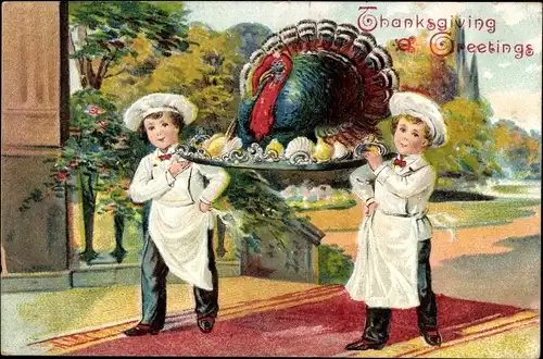 Präge Ak Thanksgiving, Köche mit Truthahn auf einem Tablett