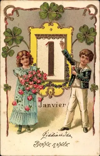 Präge Litho Glückwunsch Neujahr, Kinder, Kleeblätter, Kalender, Rosenblüten