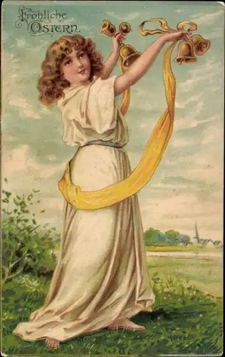Präge Ak Glückwunsch Ostern, Mädchen mit Glocken