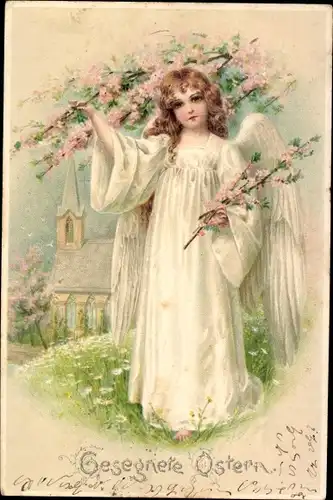 Präge Litho Glückwunsch Ostern, Engel mit Blütenzweigen
