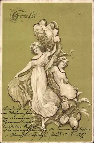 Präge Glitzer Litho Zwei junge Frauen, Rose