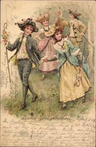 Glitzer Litho Frauen und Männer, Liebespaare mit Hirtenstäben