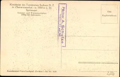 Ak Oberwiesental Erzgebirge, Kreisheim des Turnkreises Sachsen, Innenansicht, Speisesaal