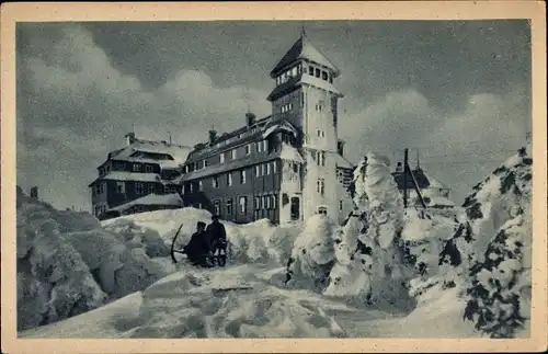 Ak Oberwiesental Erzgebirge Sachsen, Fichtelberg, Unterkunftshaus, Winter