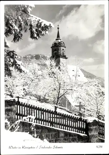 Ak Königstein an der Elbe Sächsische Schweiz, Winteransicht, Kirchturm