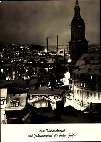 Ak Greiz im Vogtland, Weihnachtsgrüße, Neujahr, Nachtbeleuchtung, Winter