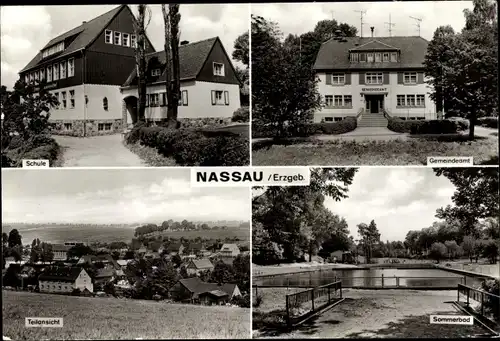 Ak Nassau Frauenstein im Erzgebirge, Gemeindeamt, Schule, Sommerbad, Teilansicht
