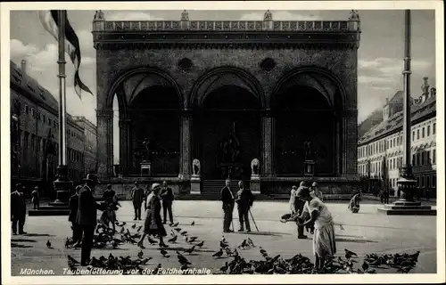 Ak München, Taubenfütterung vor der Feldherrnhütte