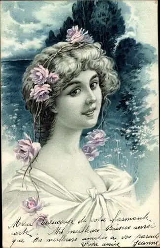 Litho Portrait einer jungen Frau mit Blumen im Haar