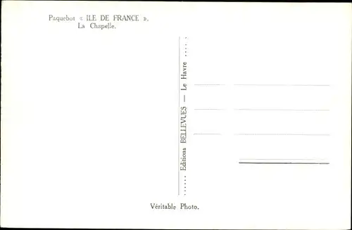 Ak Paquebot Ile de France, CGT French Line, la Chapelle, Kapelle, Innenansicht