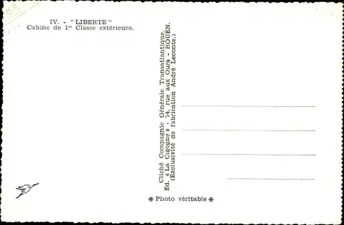 Ak Paquebot Liberté, CGT French Line, Cabine de 1re Classe exterieure