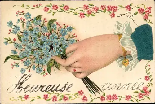 Glitzer Präge Litho Heureuse Année, Hand mit Blumenstrauß, Vergissmeinnicht