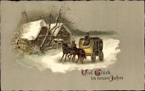 Ak Glückwunsch Neujahr, Dorfpartie, Kutsche, Pferde
