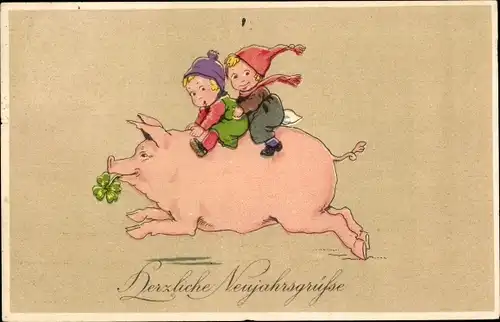 Ak Glückwunsch Neujahr, Kinder auf Schwein reitend, Glücksklee