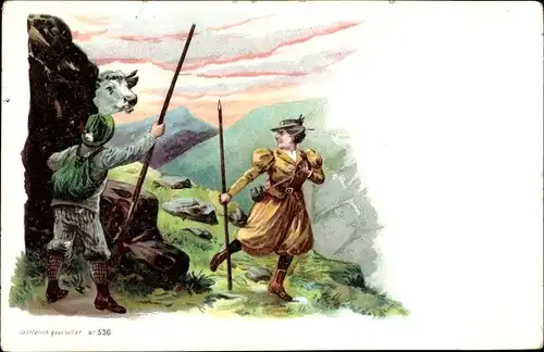 Litho Frau vor einer Kuh fliehend, Bauer, Gehstock, Berge