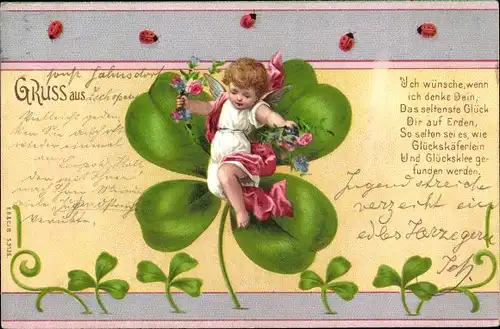Litho Glückwunsch, Kleeblatt, Engel, Marienkäfer
