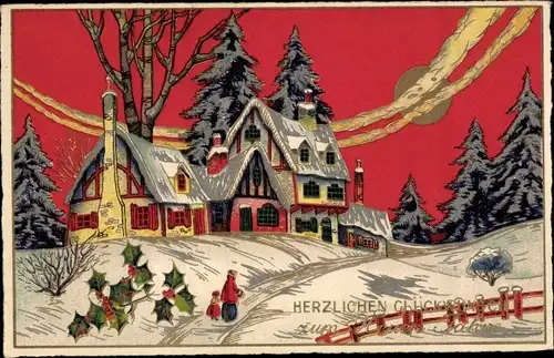 Ak Glückwunsch Neujahr, Wohnhaus, Mondschein, Stechpalme, Winter