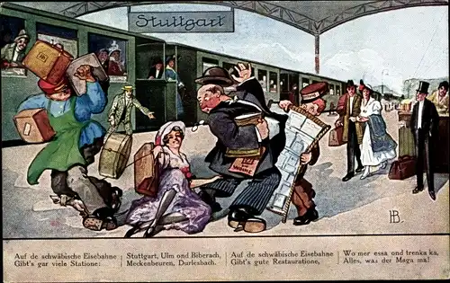 Künstler Ak Boettcher, Hans, Auf de schwäbische Eisebahne, Reisende, Bahnhof