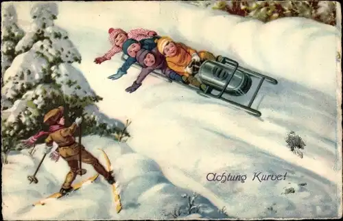 Ak Glückwunsch Neujahr, Bobfahren, Schlitten, Kinder, Ski, Winter