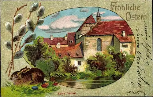 Präge Passepartout Ak Glückwunsch Ostern, Stadtansicht, Weidenkätzchen, Osterhase