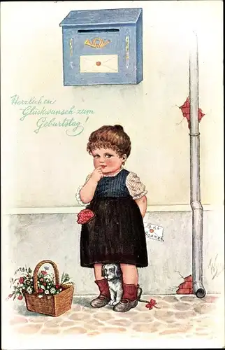 Künstler Ak Glückwunsch Neujahr, Mädchen, Brief, Briefkasten, Blumen, Hund