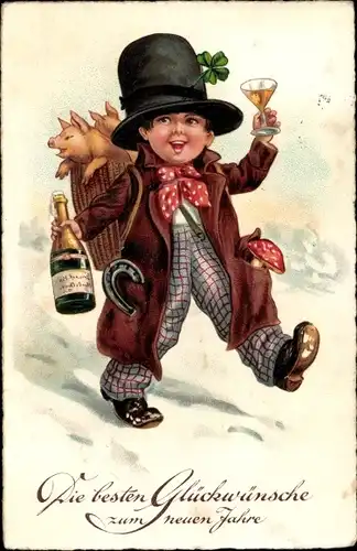 Ak Glückwunsch Neujahr, Junge, Sektglas, Sektflasche, Pilz, Hufeisen, Schweine, Glücksklee