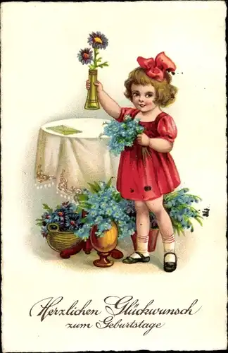 Ak Glückwunsch Geburtstag, Mädchen, Vergissmeinnicht, Blumen, Blumenvasen