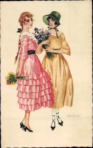 Künstler Ak Grimm, Zwei junge Frauen, Kleider, Blumen, Hut