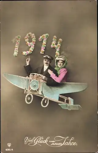 Ak Glückwunsch Neujahr 1914, Liebespaar, Flugzeug