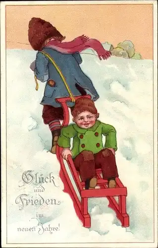 Ak Glückwunsch Neujahr, Schlittenfahrt, Kinder