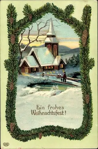 Passepartout Ak Glückwunsch Weihnachten, Kirche, Tannenzweige, Zapfen