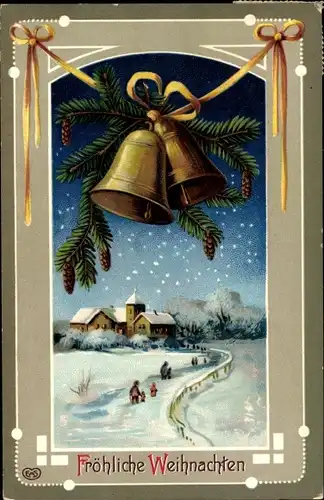Passepartout Ak Glückwunsch Weihnachten, Glocken, Tannenzweige