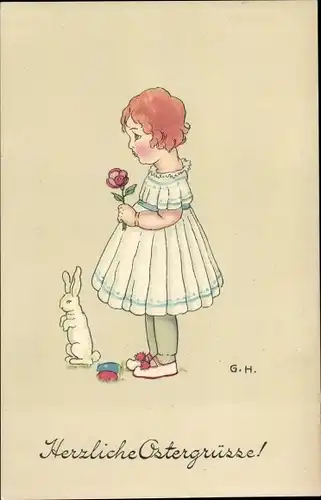 Künstler Ak Glückwunsch Ostern, Mädchen, Osterhase, Ostereier, Rose