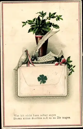 Ak Was ich nicht kann selber sagen..., Taube, Brief, Glücksklee, Feder, Kaiserliche Fahne