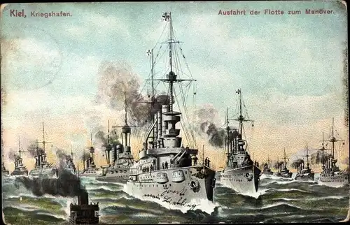 Ak Kiel in Schleswig Holstein, Kriegshafen, Ausfahrt der Flotte zum Manöver, Deutsche Kriegsschiffe