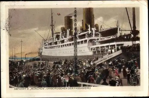 Ak Dampfer München, Norddeutscher Lloyd Bremen, Anbordgehen der Passagiere