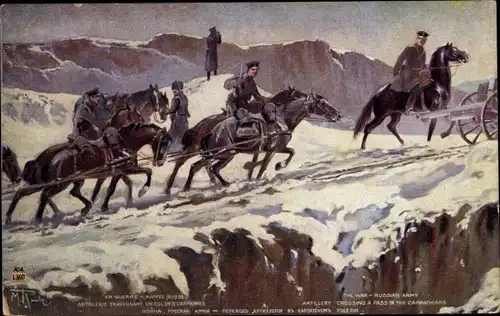 Künstler Ak En Guerre, Armee Russe, Artillerie auf einem Karpathenpass