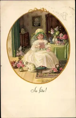 Künstler Ak Ebner, Pauli, Glückwunsch Geburtstag, Sa fete, Mädchen mit Rosenvasen und Katze