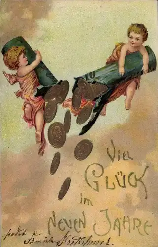 Präge Litho Glückwunsch Neujahr, Kinder mit Münzrolle