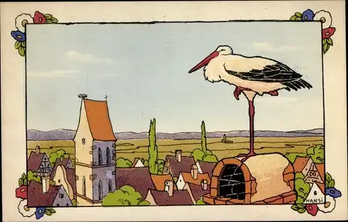 Künstler Ak Hansi, Storch auf einem Schornstein