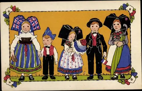 Künstler Ak Hansi, Kinder in Elsässer und Volkstrachten