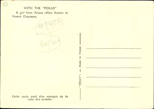 Ak Avec nos Poilus, Jeune Alsacienne offrant des fleurs a nos Chasseurs, II WK