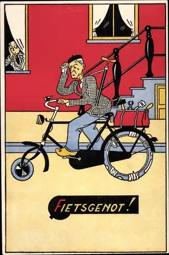 Ak Fietsgenot, Mann auf einem Fahrrad, geflickter Schlauch